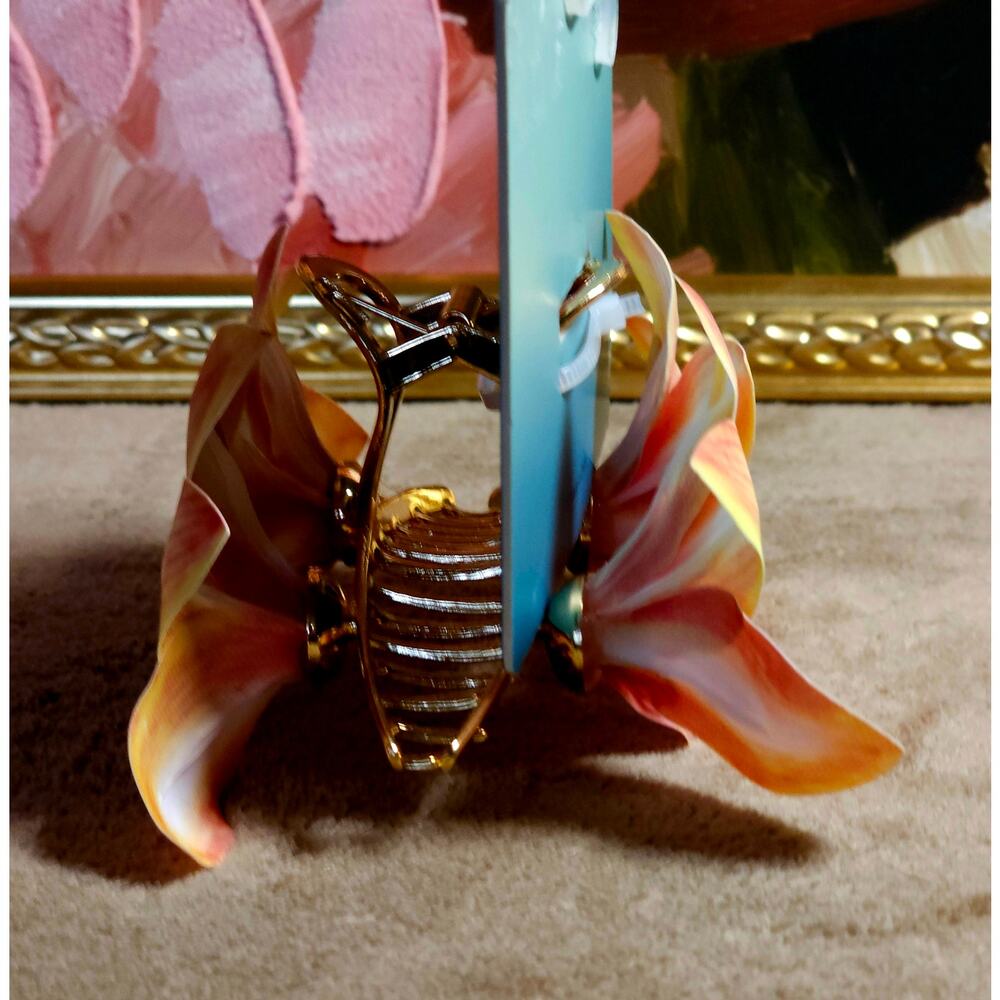 🌸🏵 Piper K NWT Pink & Yellow Orchid Floral Hair Claw Clip–Tropical Vacay Vibez - Picture 2 of 3